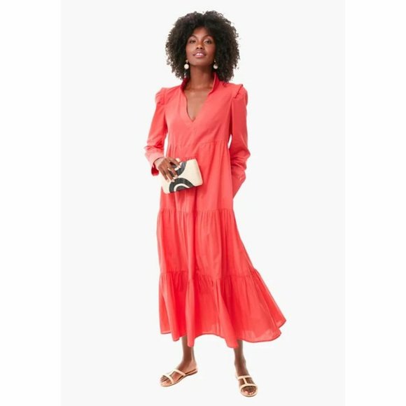 Tuckernuck Dresses & Skirts - Tuckernuck Women's Poppy Pink Bristol Maxi Dress Tiered Ruffle Shoulder Pads L